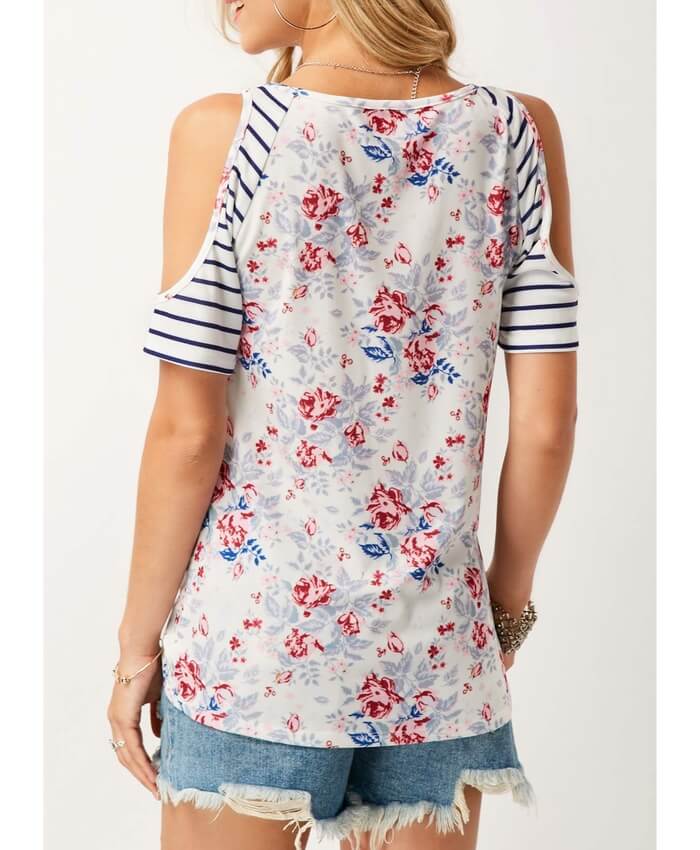 Printed Cold Shoulder Round Neck T Shirt
